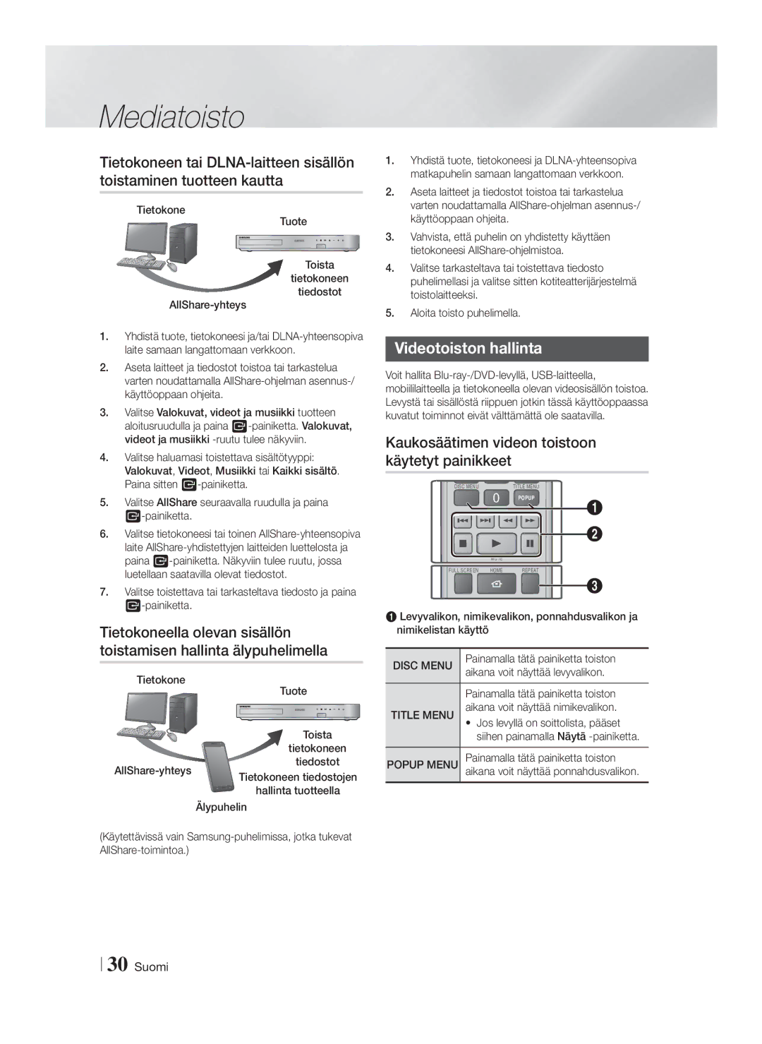 Samsung HT-FS6200/XE manual Videotoiston hallinta, Kaukosäätimen videon toistoon käytetyt painikkeet 