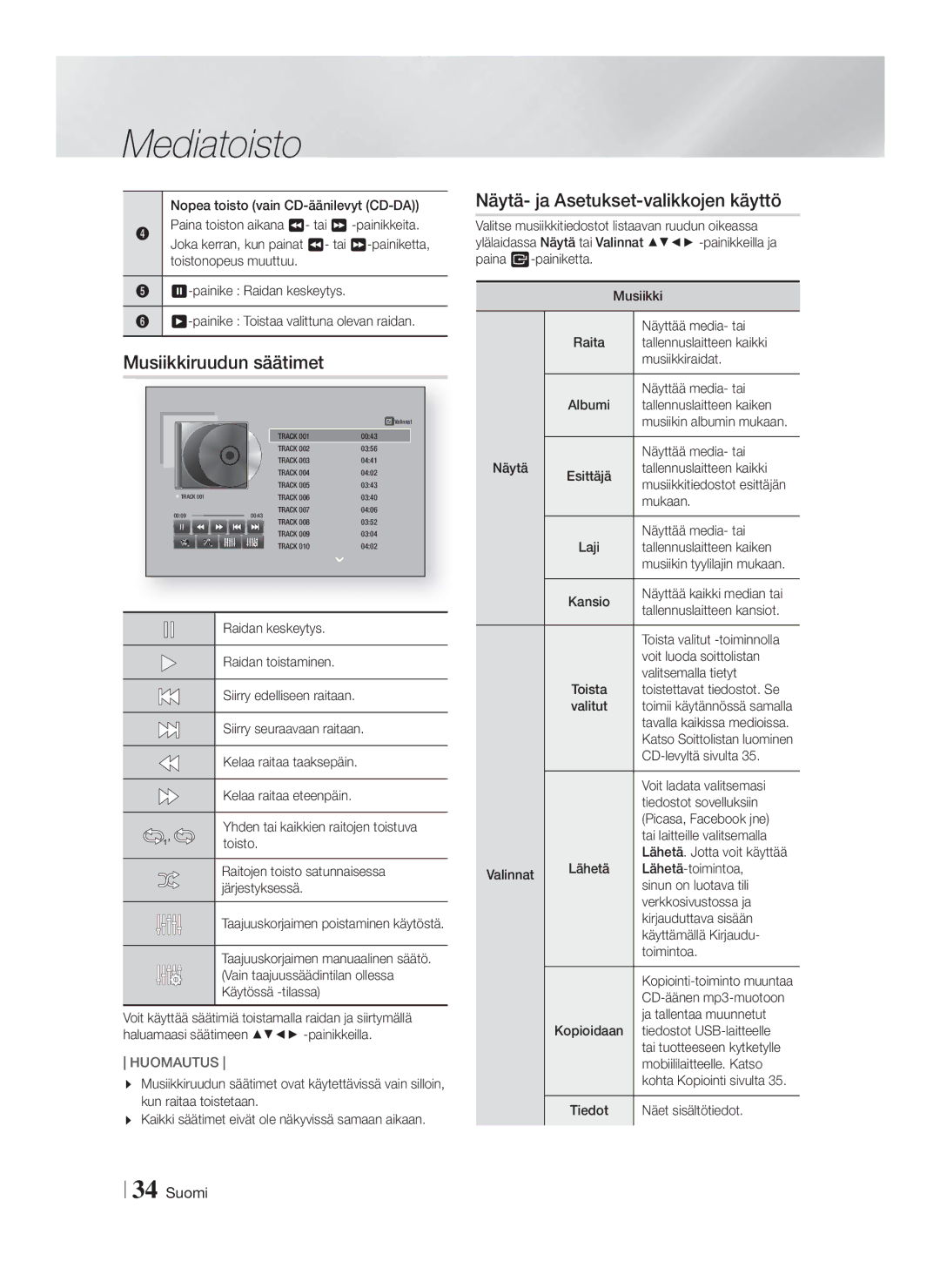 Samsung HT-FS6200/XE manual Musiikkiruudun säätimet 