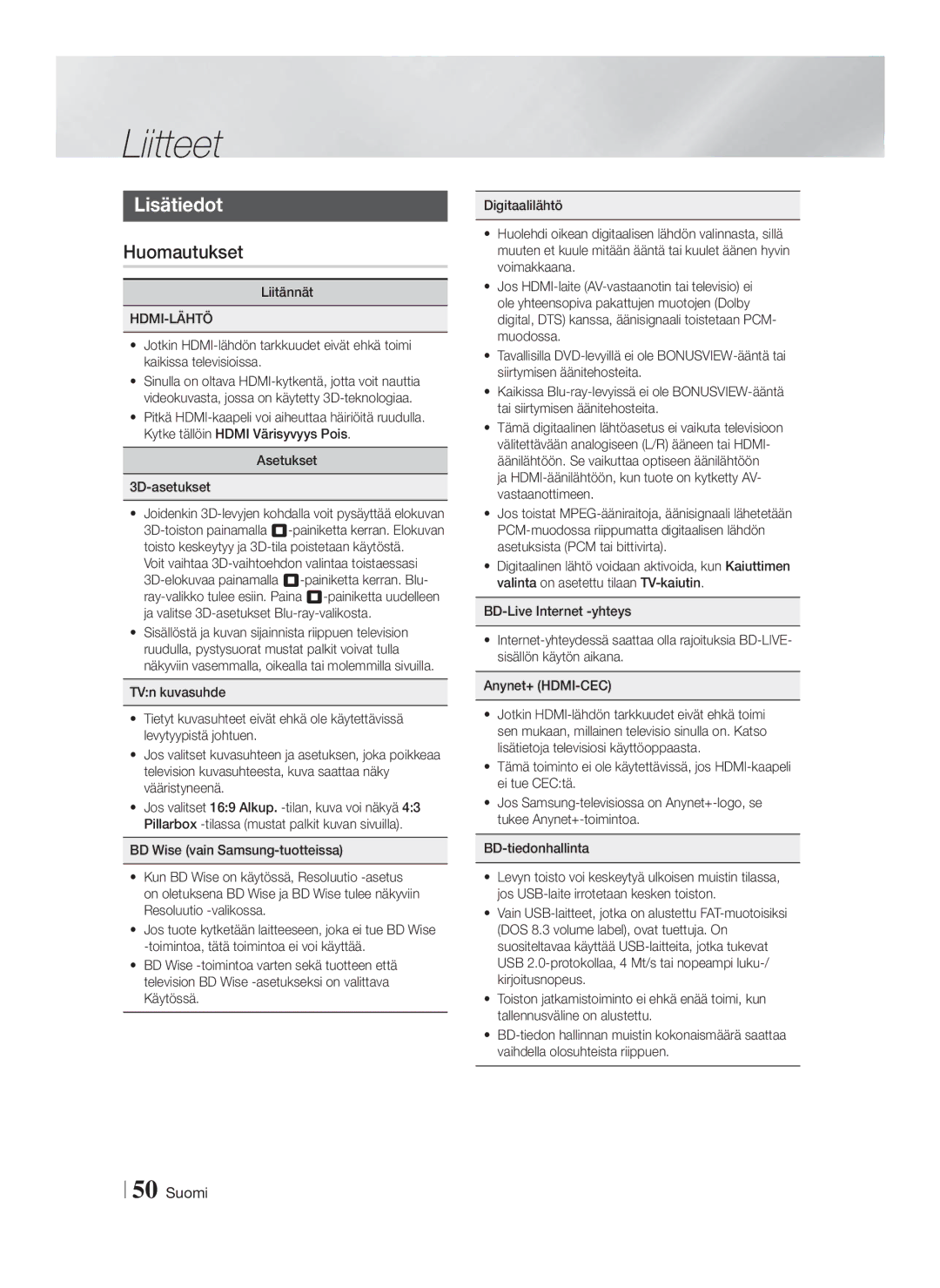 Samsung HT-FS6200/XE manual Liitteet, Lisätiedot, Huomautukset, Voit vaihtaa 3D-vaihtoehdon valintaa toistaessasi 