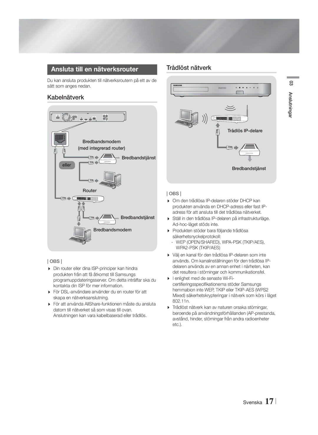 Samsung HT-FS6200/XE manual Ansluta till en nätverksrouter, Kabelnätverk, Trådlös IP-delare Bredbandstjänst 