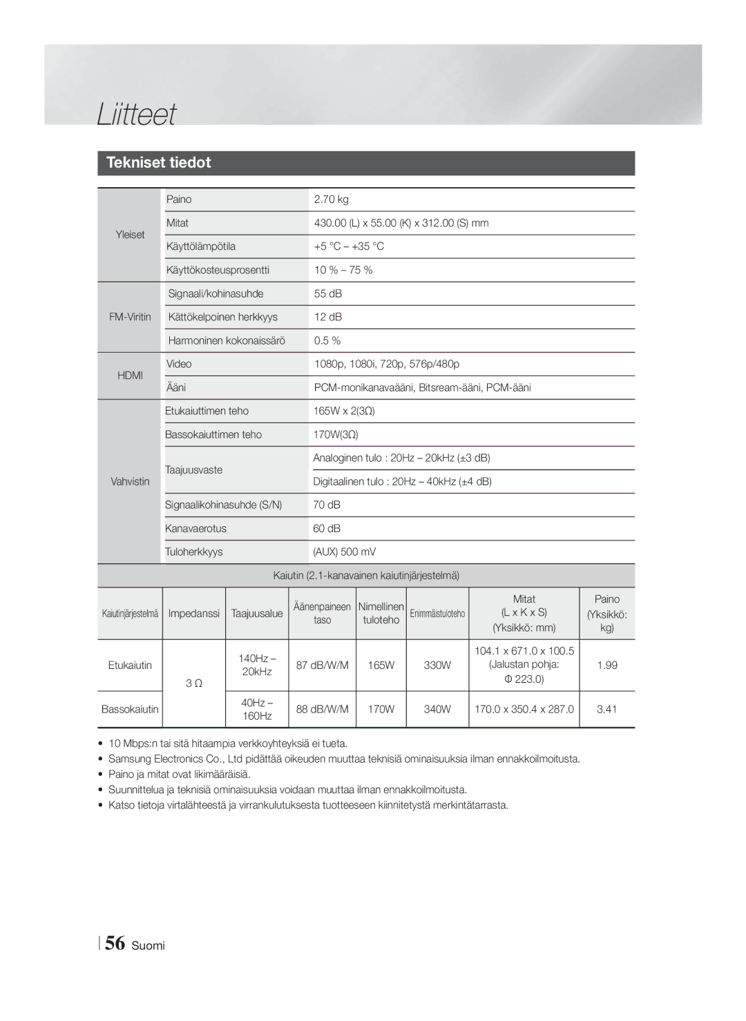 Samsung HT-FS6200/XE manual Tekniset tiedot 