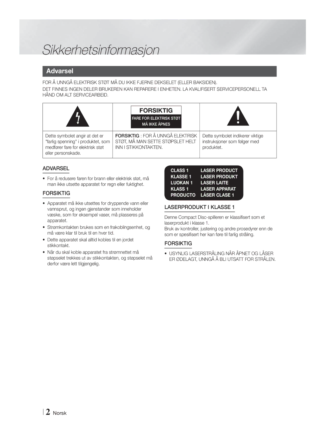 Samsung HT-FS6200/XE manual Sikkerhetsinformasjon, INN I Stikkontakten 