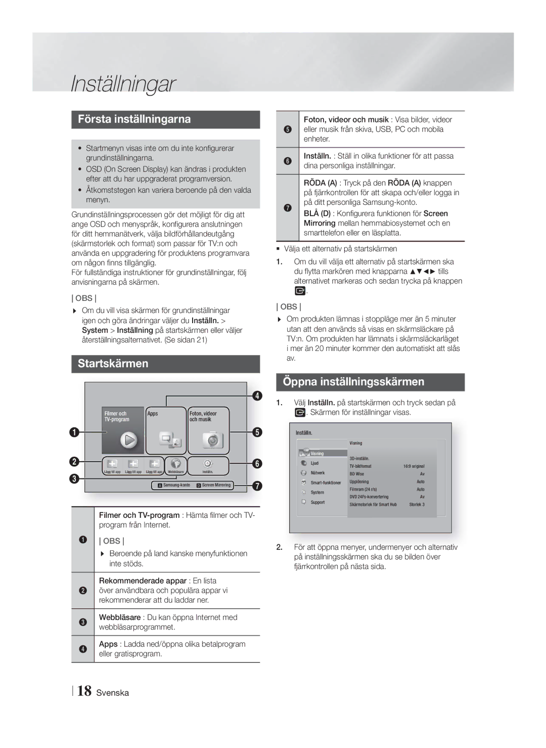 Samsung HT-FS6200/XE manual Inställningar, Första inställningarna, Startskärmen, Öppna inställningsskärmen 