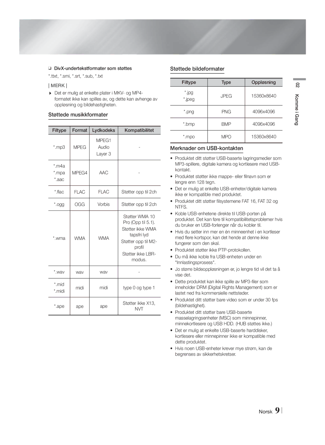 Samsung HT-FS6200/XE manual Støttede musikkformater, Støttede bildeformater, Merknader om USB-kontakten 