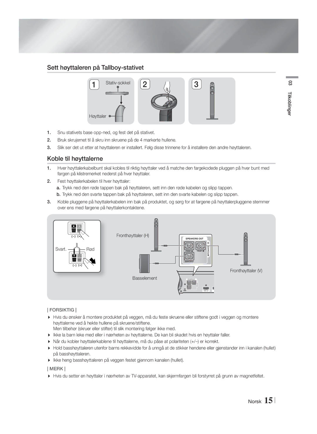 Samsung HT-FS6200/XE Sett høyttaleren på Tallboy-stativet, Koble til høyttalerne, Fronthøyttaler BasselementSPEAKERS OUT 