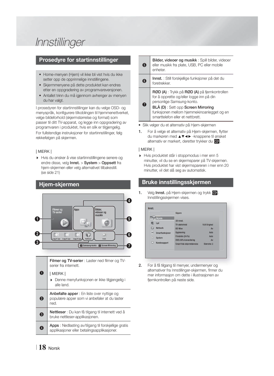 Samsung HT-FS6200/XE manual Innstillinger, Prosedyre for startinnstillinger, Hjem-skjermen, Bruke innstillingsskjermen 