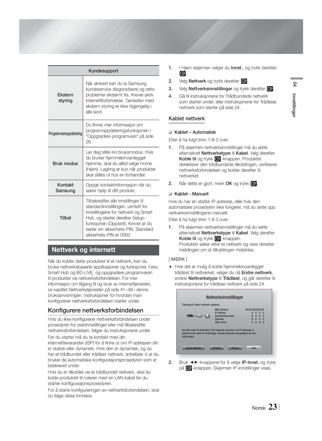 Samsung HT-FS6200/XE manual Nettverk og internett, Konfigurere nettverksforbindelsen, Kablet nettverk 