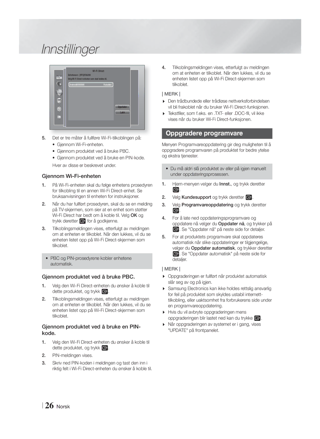 Samsung HT-FS6200/XE manual Oppgradere programvare, Gjennom Wi-Fi-enheten, Gjennom produktet ved å bruke PBC 