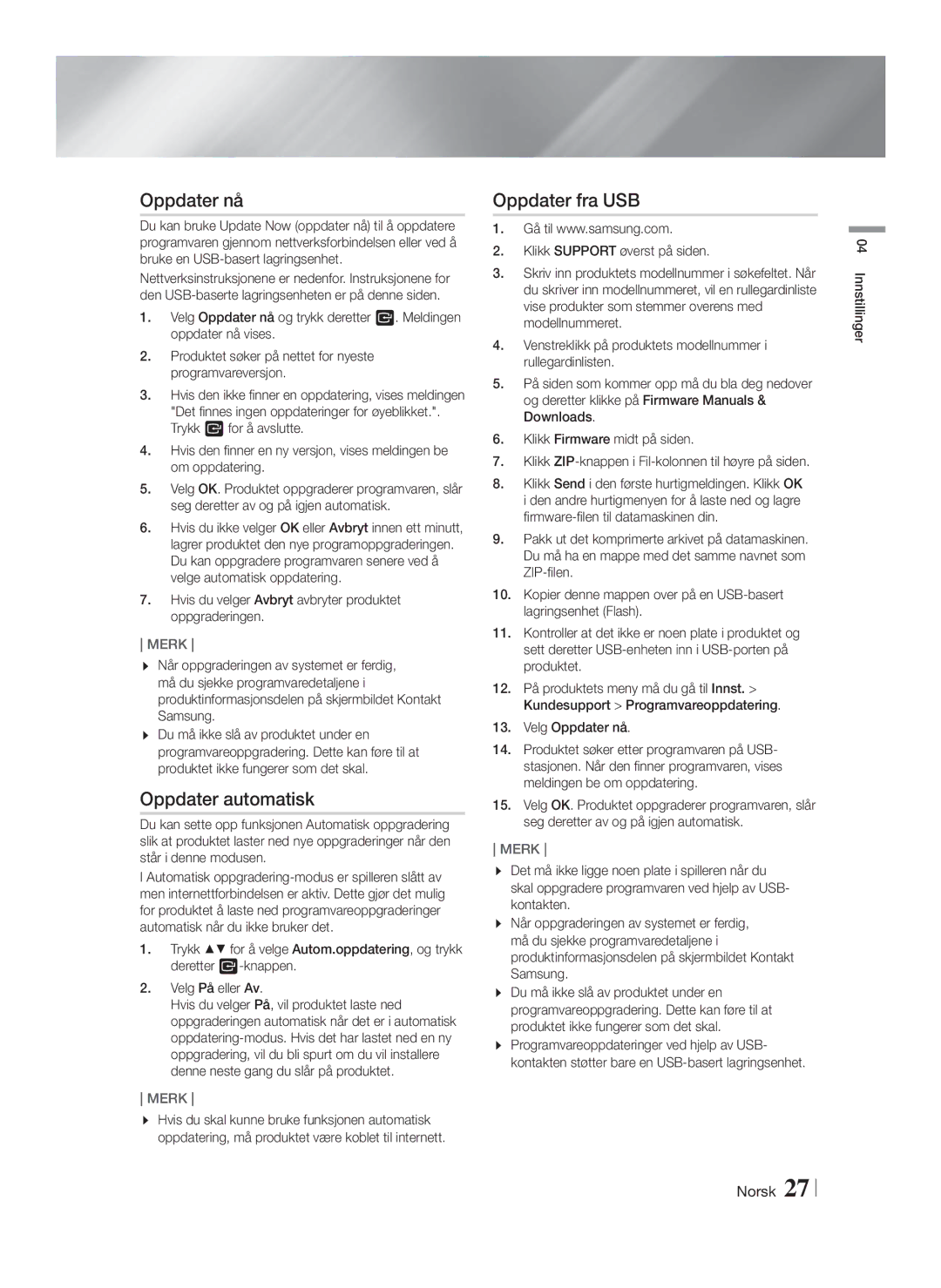 Samsung HT-FS6200/XE manual Oppdater nå, Oppdater automatisk, Oppdater fra USB 