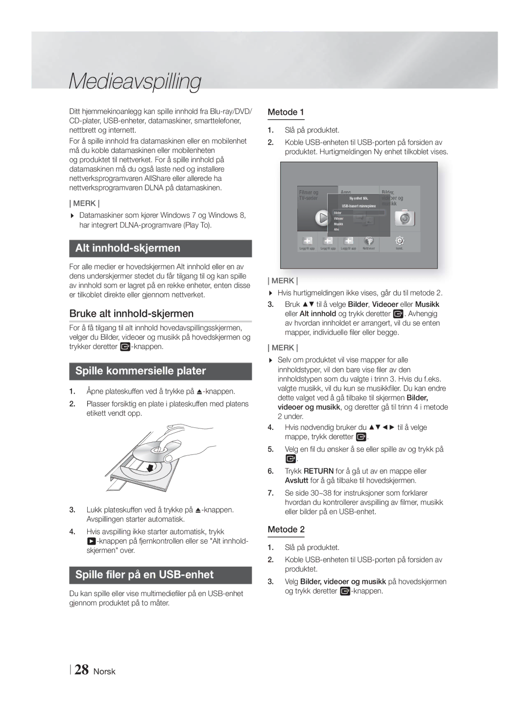 Samsung HT-FS6200/XE manual Medieavspilling, Alt innhold-skjermen, Bruke alt innhold-skjermen, Spille kommersielle plater 