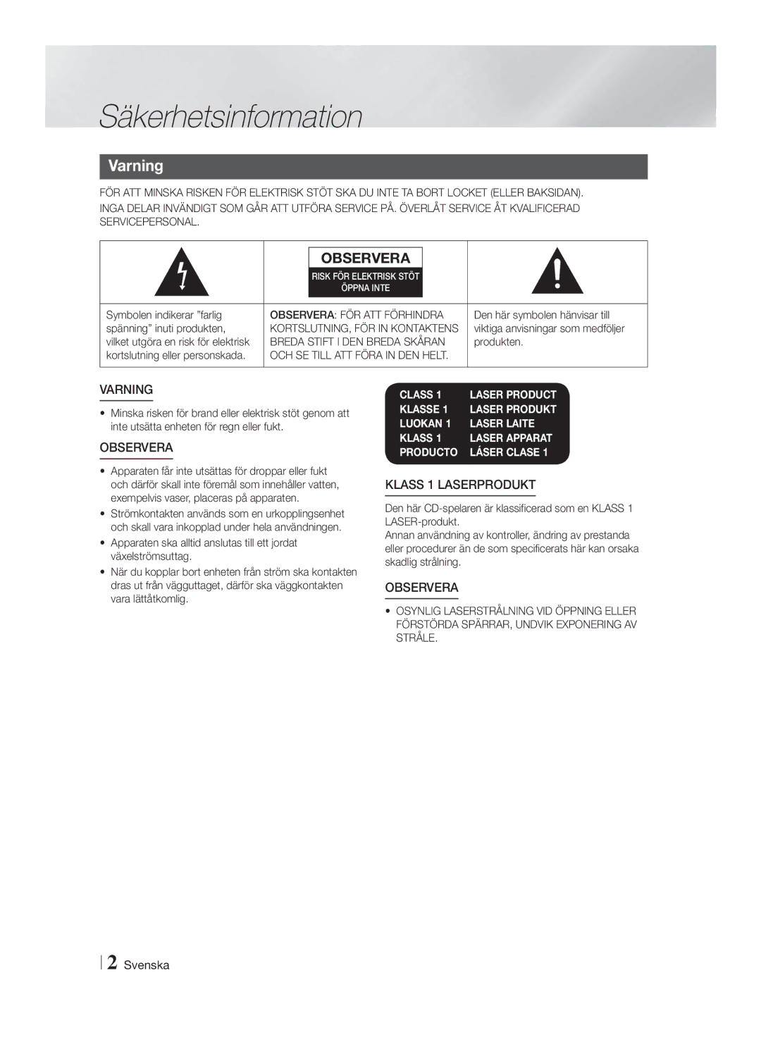 Samsung HT-FS6200/XE manual Säkerhetsinformation, Varning, Observera FÖR ATT Förhindra, Breda Stift I DEN Breda Skåran 