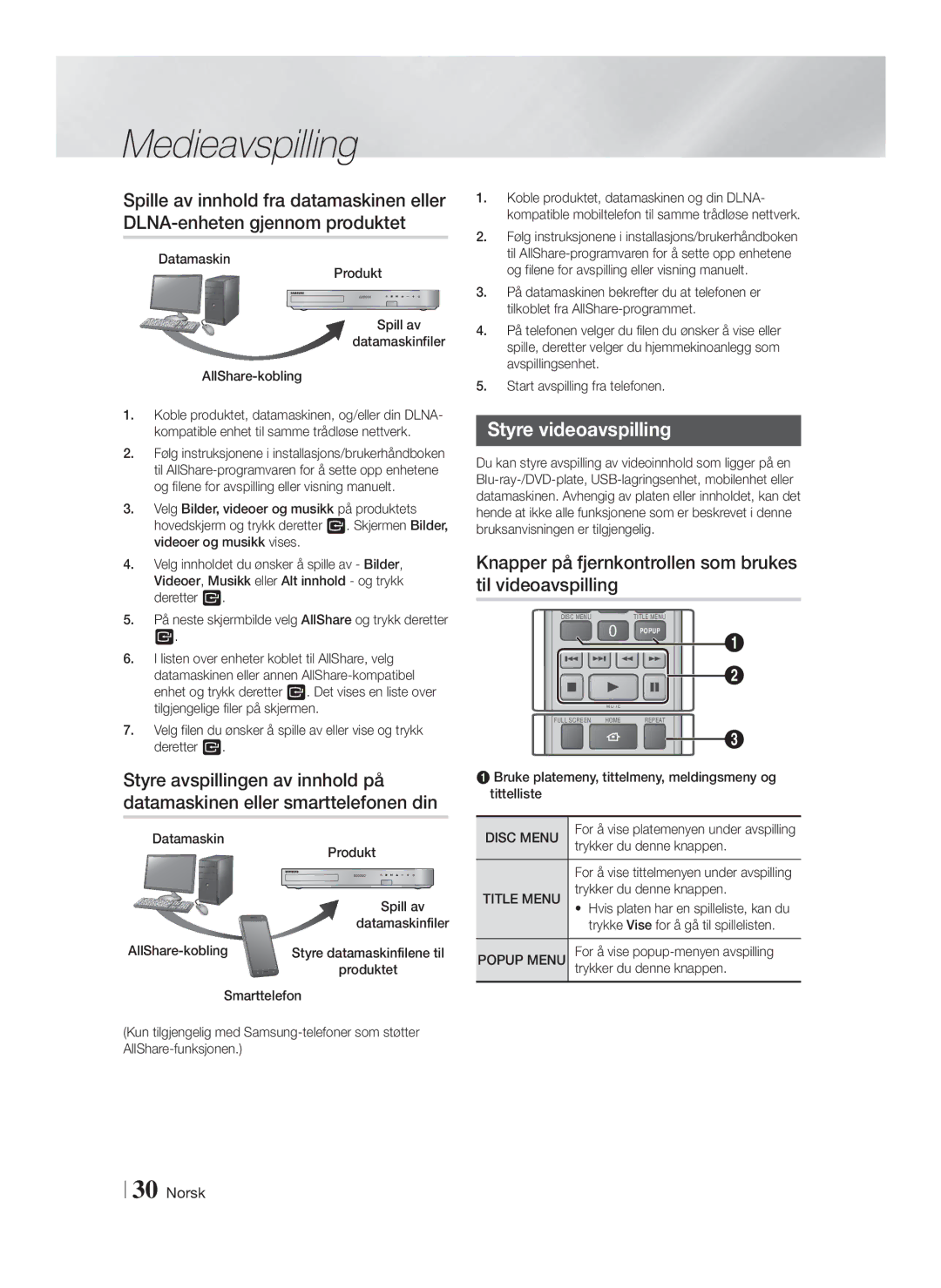 Samsung HT-FS6200/XE manual Styre videoavspilling, Knapper på fjernkontrollen som brukes til videoavspilling 