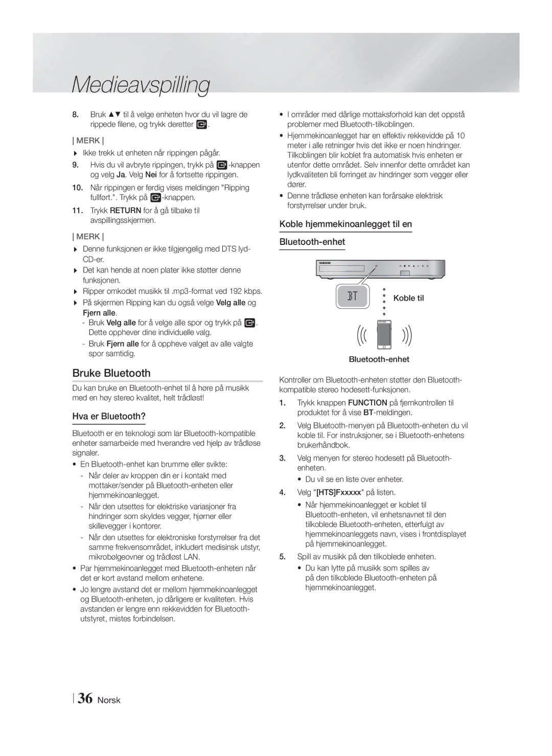 Samsung HT-FS6200/XE manual Bruke Bluetooth, Hva er Bluetooth?, Koble hjemmekinoanlegget til en Bluetooth-enhet 