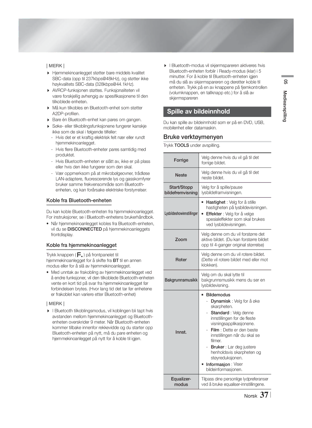 Samsung HT-FS6200/XE manual Spille av bildeinnhold, Bruke verktøymenyen, Koble fra Bluetooth-enheten 