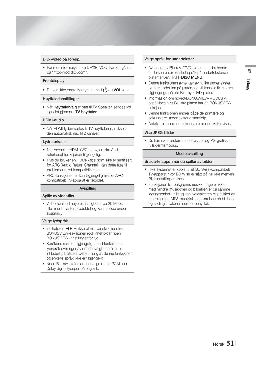 Samsung HT-FS6200/XE manual Tillegg 