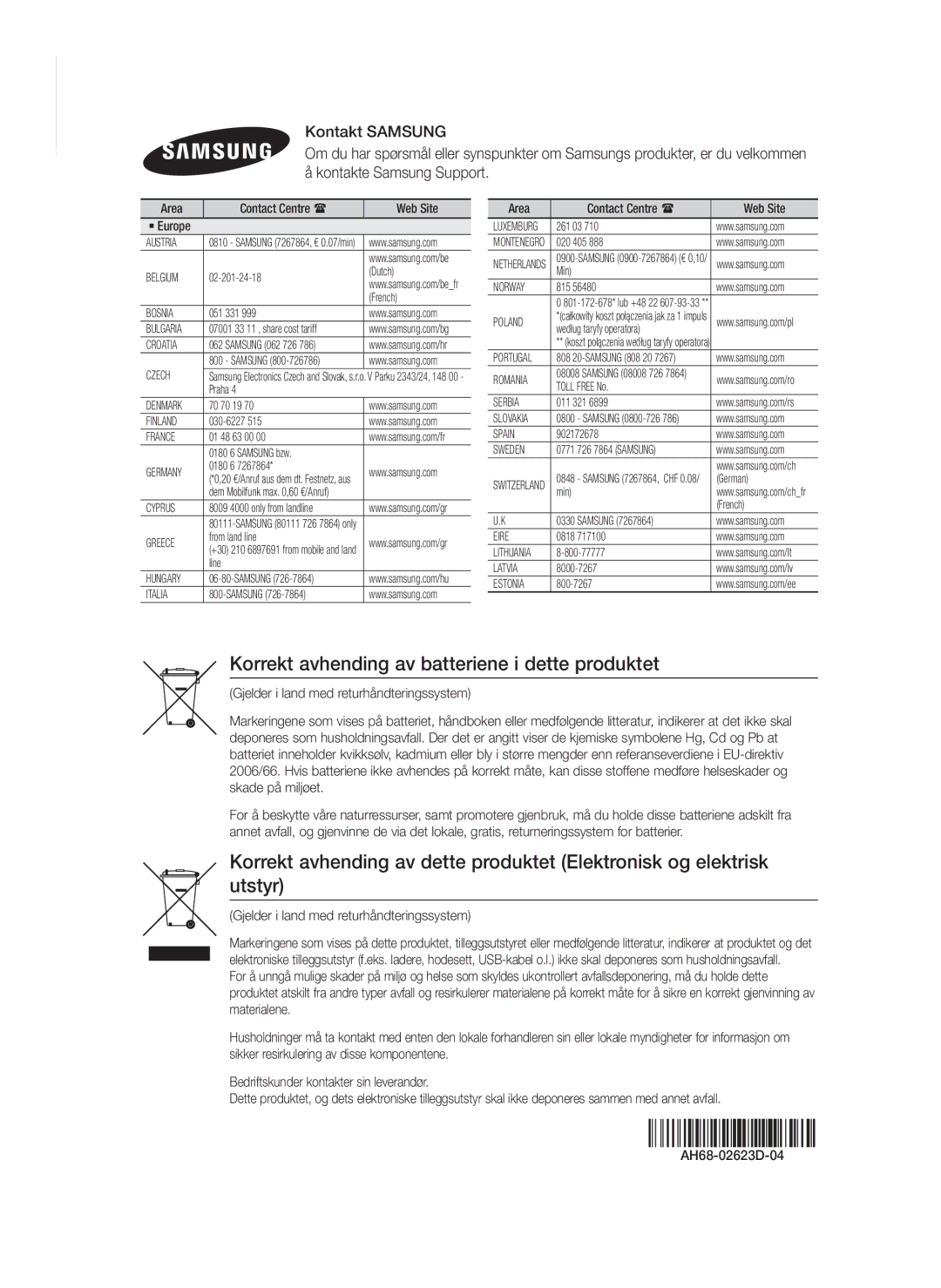 Samsung HT-FS6200/XE manual Korrekt avhending av batteriene i dette produktet, Gjelder i land med returhåndteringssystem 