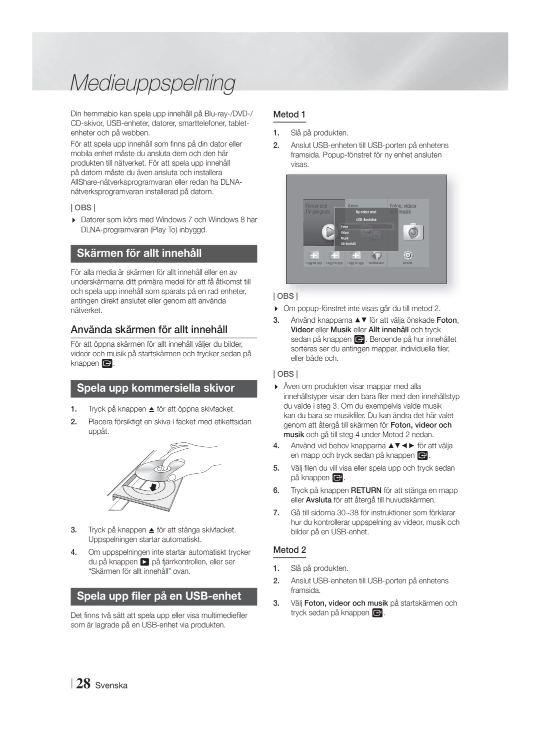 Samsung HT-FS6200/XE manual Medieuppspelning, Skärmen för allt innehåll, Använda skärmen för allt innehåll 