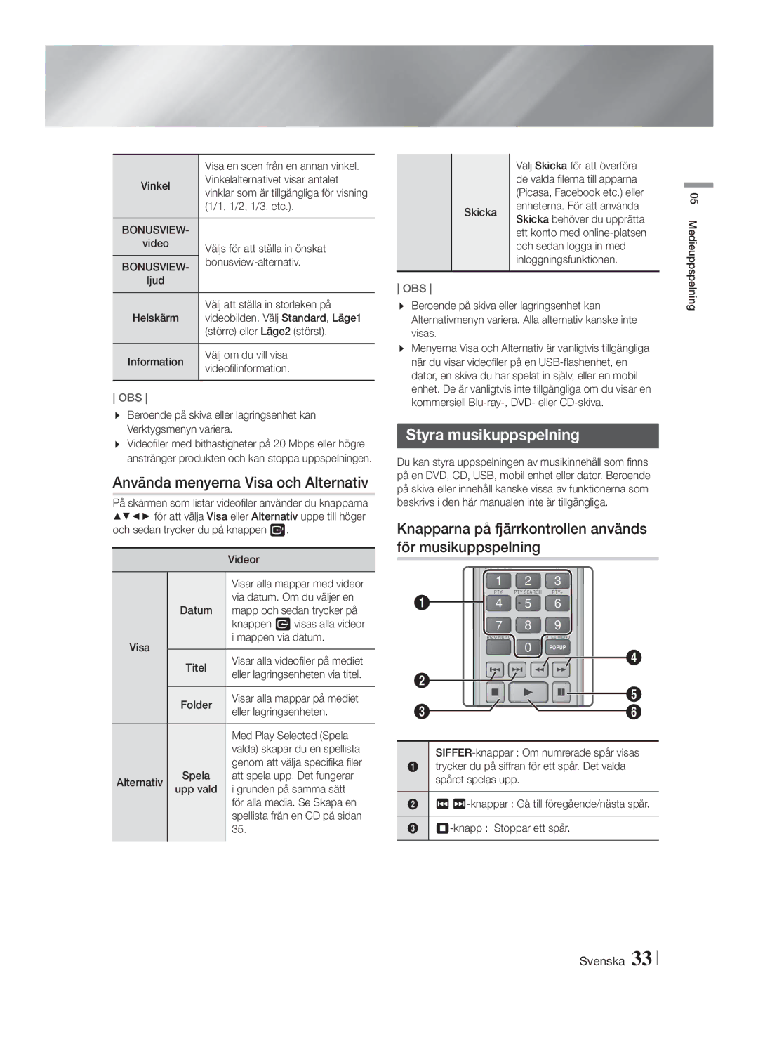 Samsung HT-FS6200/XE manual Använda menyerna Visa och Alternativ, Styra musikuppspelning, Bonusview 