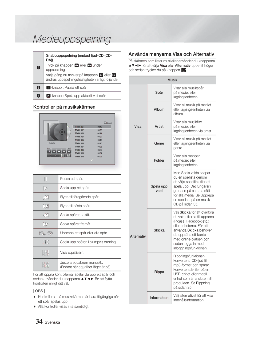 Samsung HT-FS6200/XE manual Kontroller på musikskärmen 