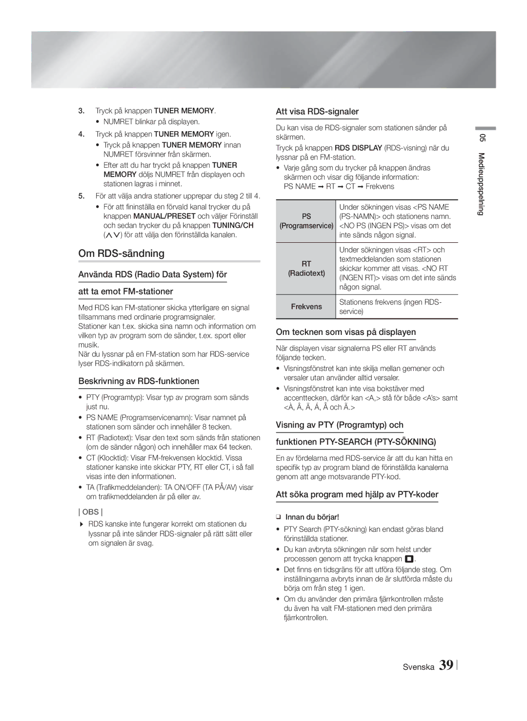 Samsung HT-FS6200/XE manual Om RDS-sändning 