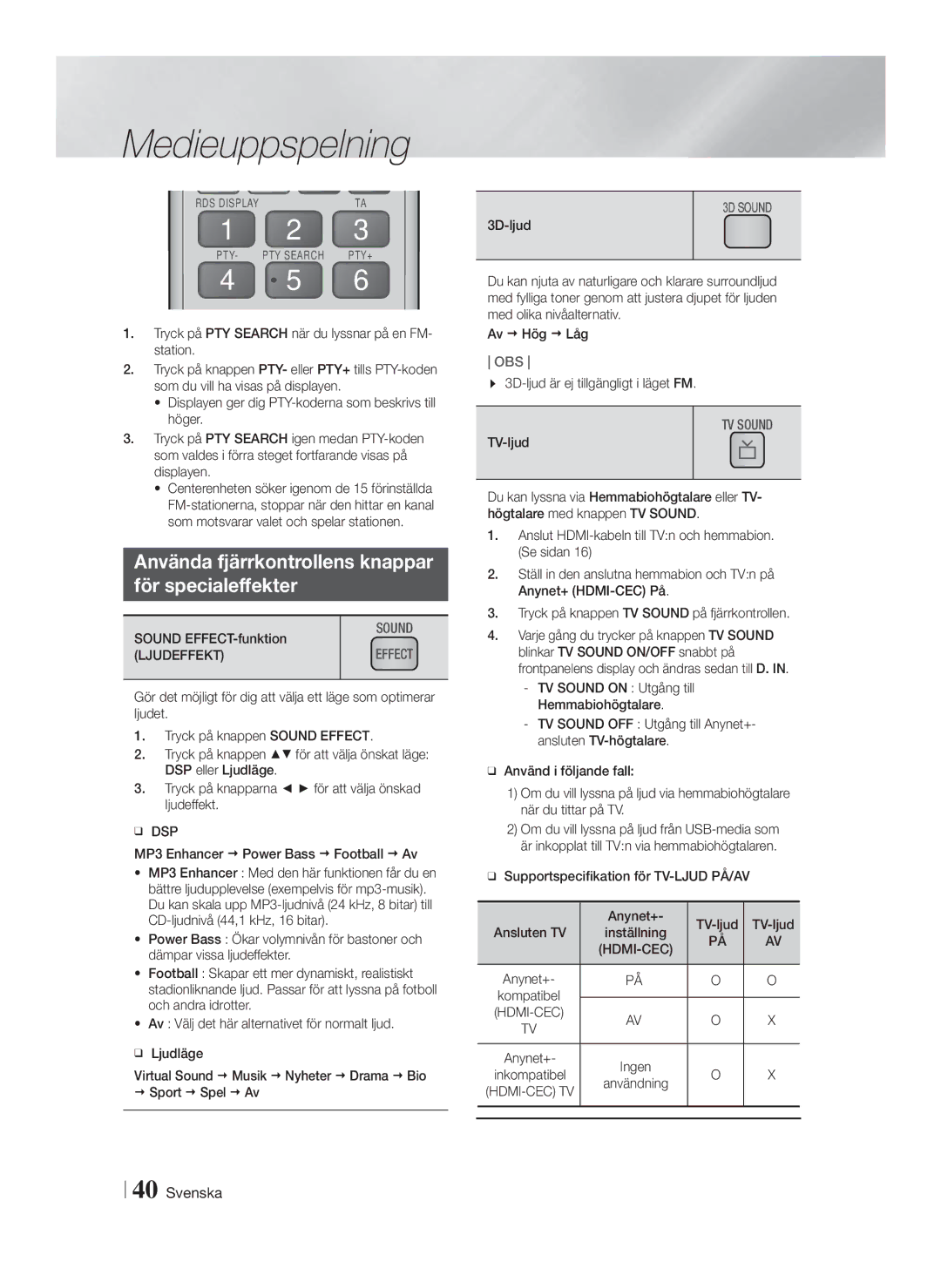 Samsung HT-FS6200/XE manual Använda fjärrkontrollens knappar För specialeffekter, Ljudeffekt, Dsp 