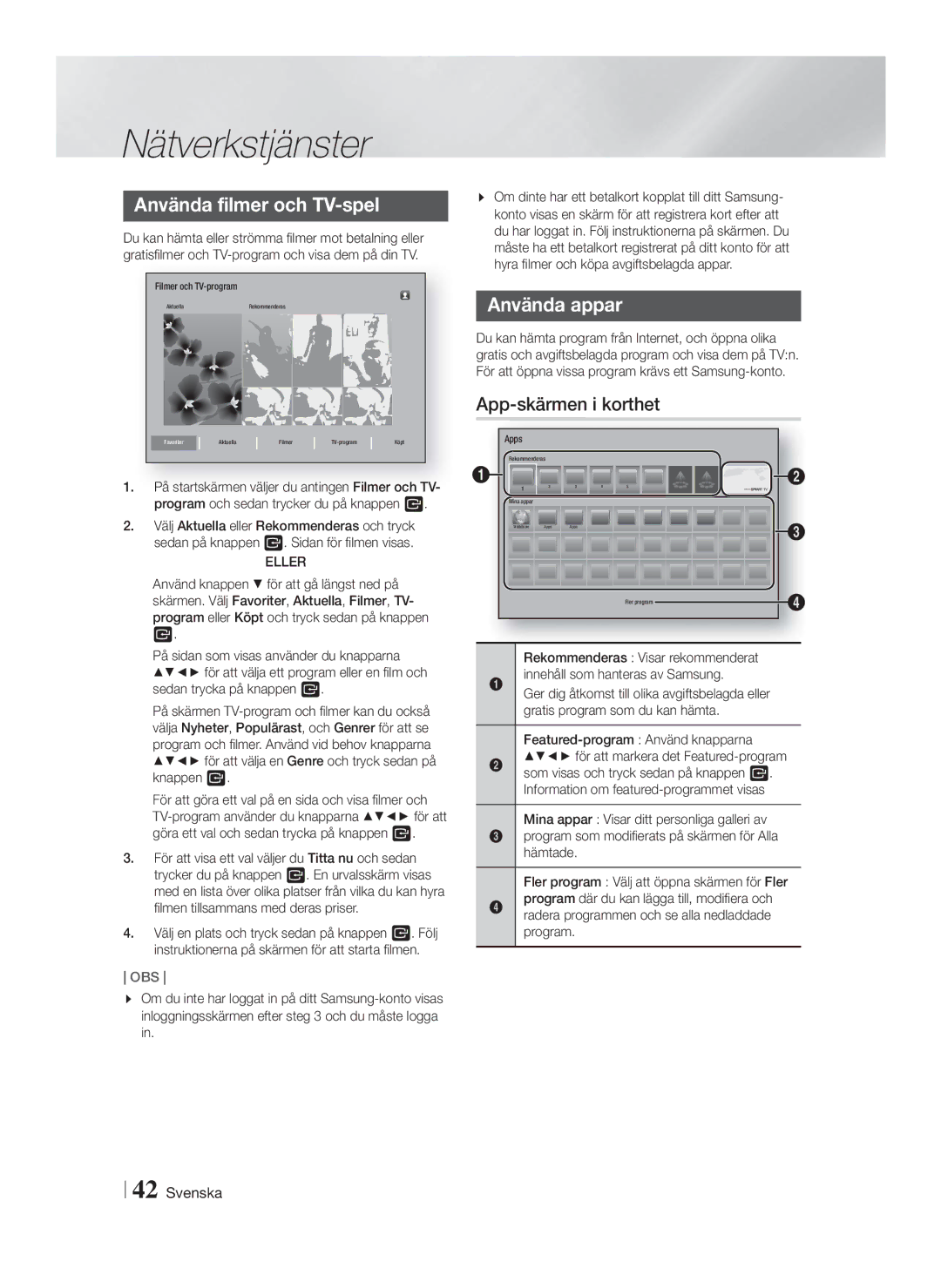 Samsung HT-FS6200/XE manual Använda filmer och TV-spel, Använda appar, App-skärmen i korthet, Eller 