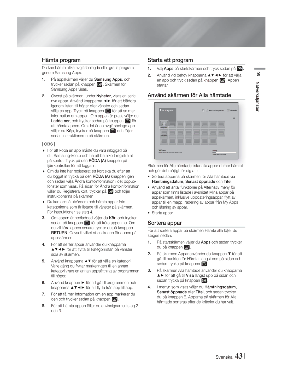 Samsung HT-FS6200/XE manual Hämta program, Starta ett program, Använd skärmen för Alla hämtade, Sortera appar, Starta appar 