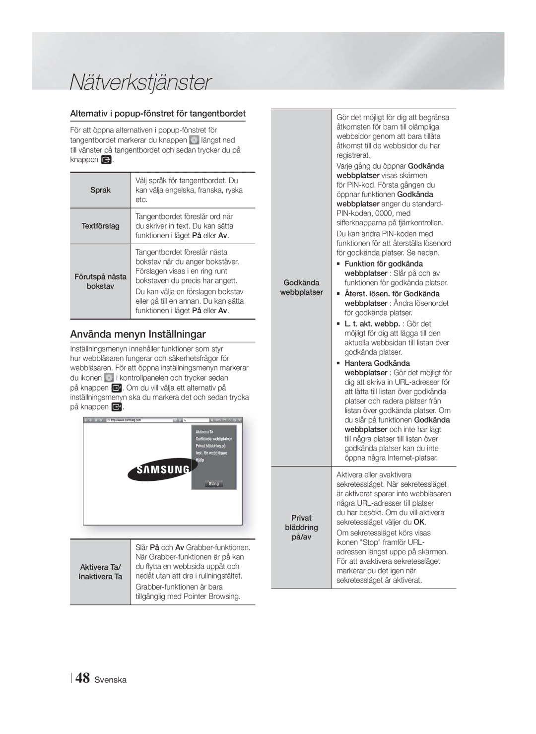 Samsung HT-FS6200/XE manual Använda menyn Inställningar, Alternativ i popup-fönstret för tangentbordet 