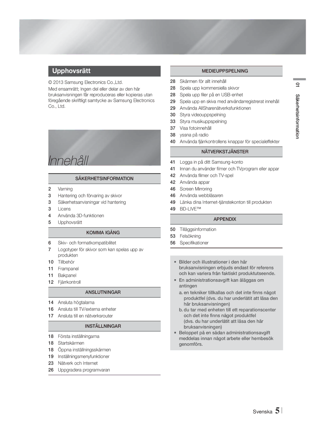 Samsung HT-FS6200/XE manual Innehåll, Upphovsrätt 