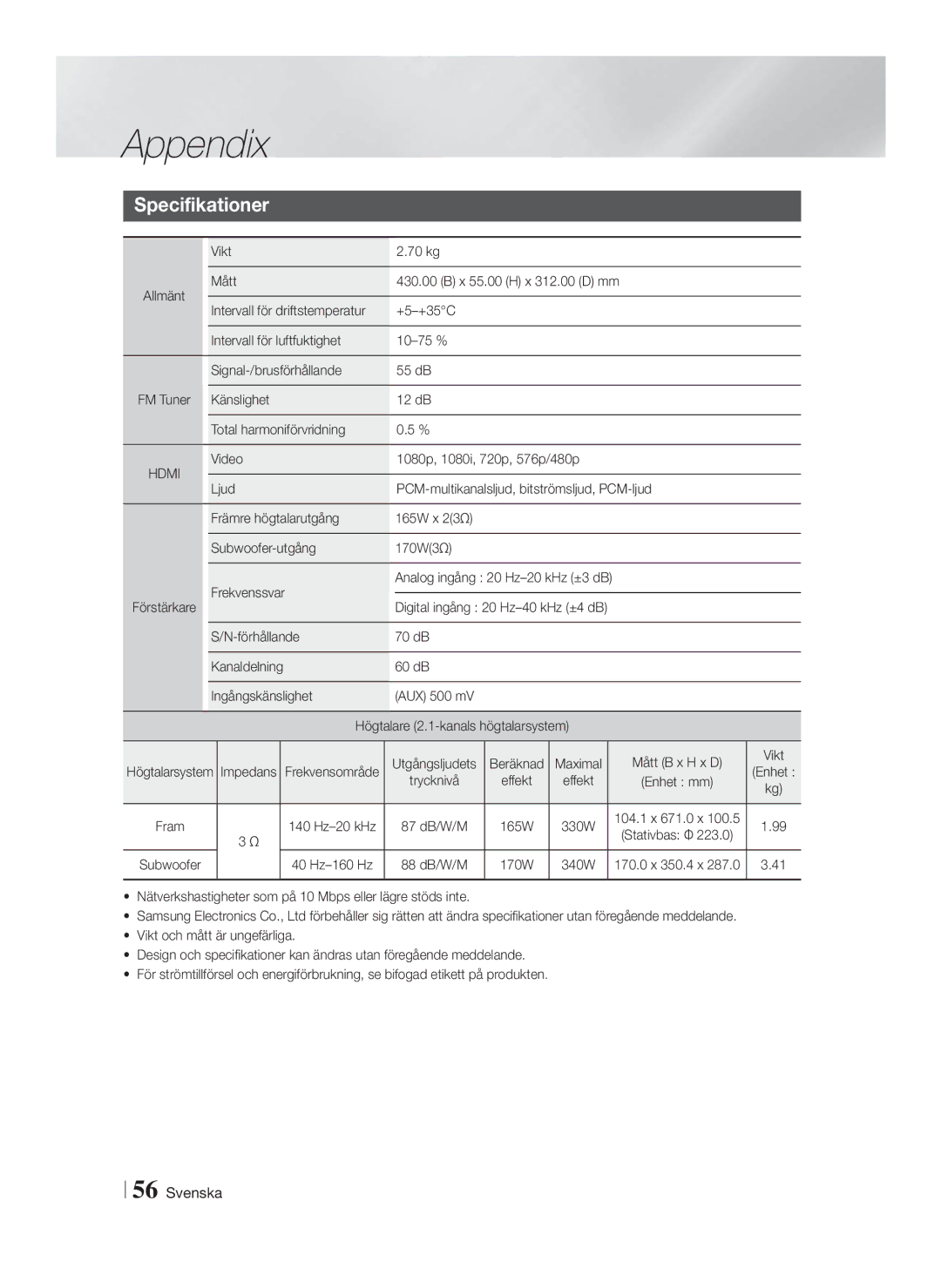 Samsung HT-FS6200/XE manual Specifikationer, Vikt 70 kg, 87 dB/W/M 165W 330W, 88 dB/W/M 170W 340W 