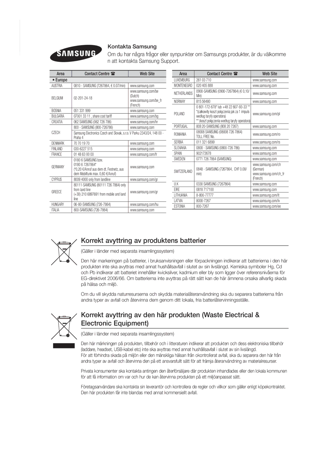 Samsung HT-FS6200/XE manual Korrekt avyttring av produktens batterier, Area Contact Centre  Web Site ` Europe 