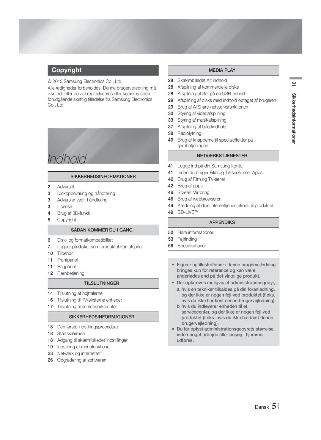 Samsung HT-FS6200/XE manual Indhold, Copyright 