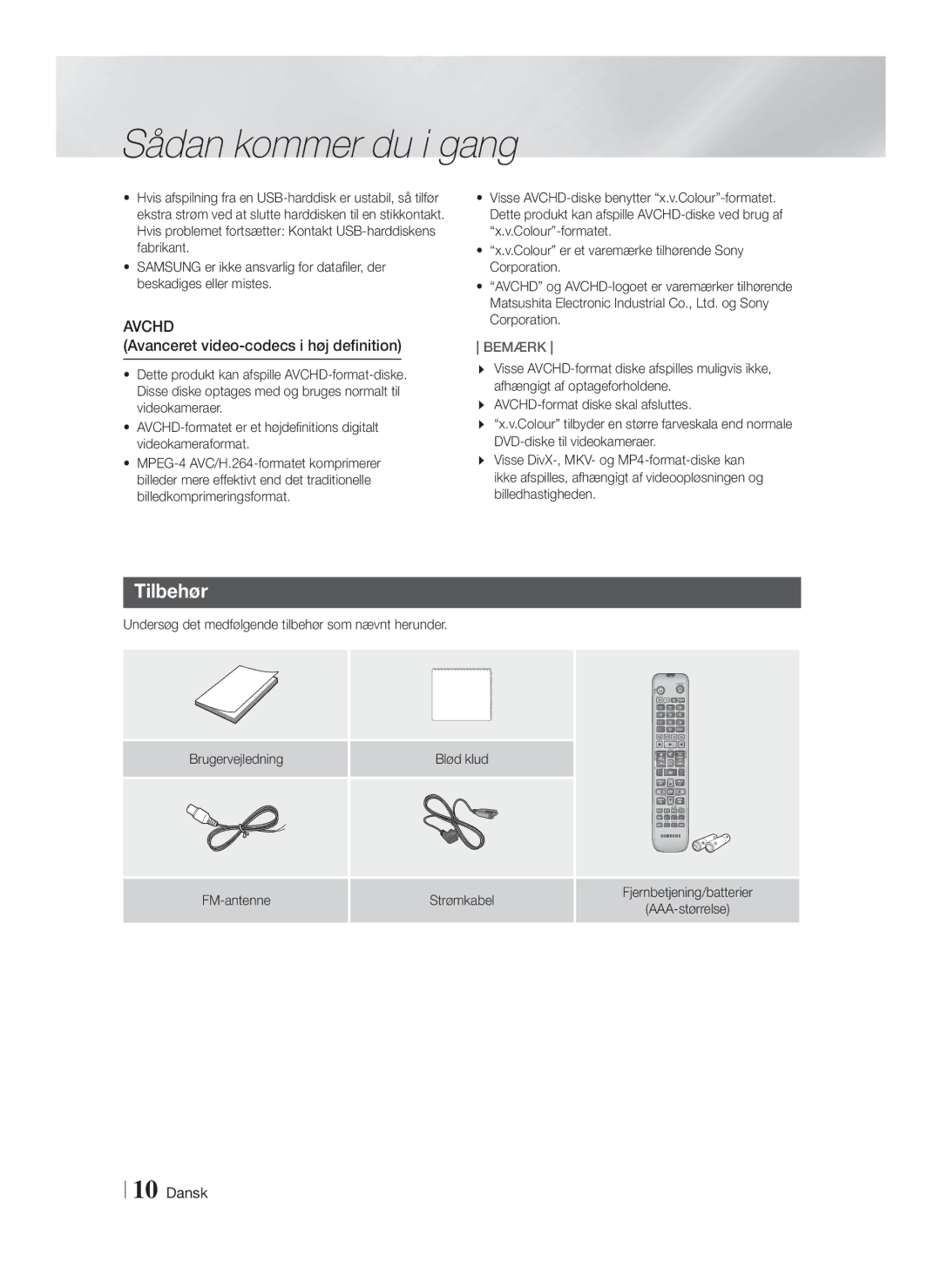 Samsung HT-FS6200/XE manual Tilbehør, Avanceret video-codecs i høj definition, AAA-størrelse 