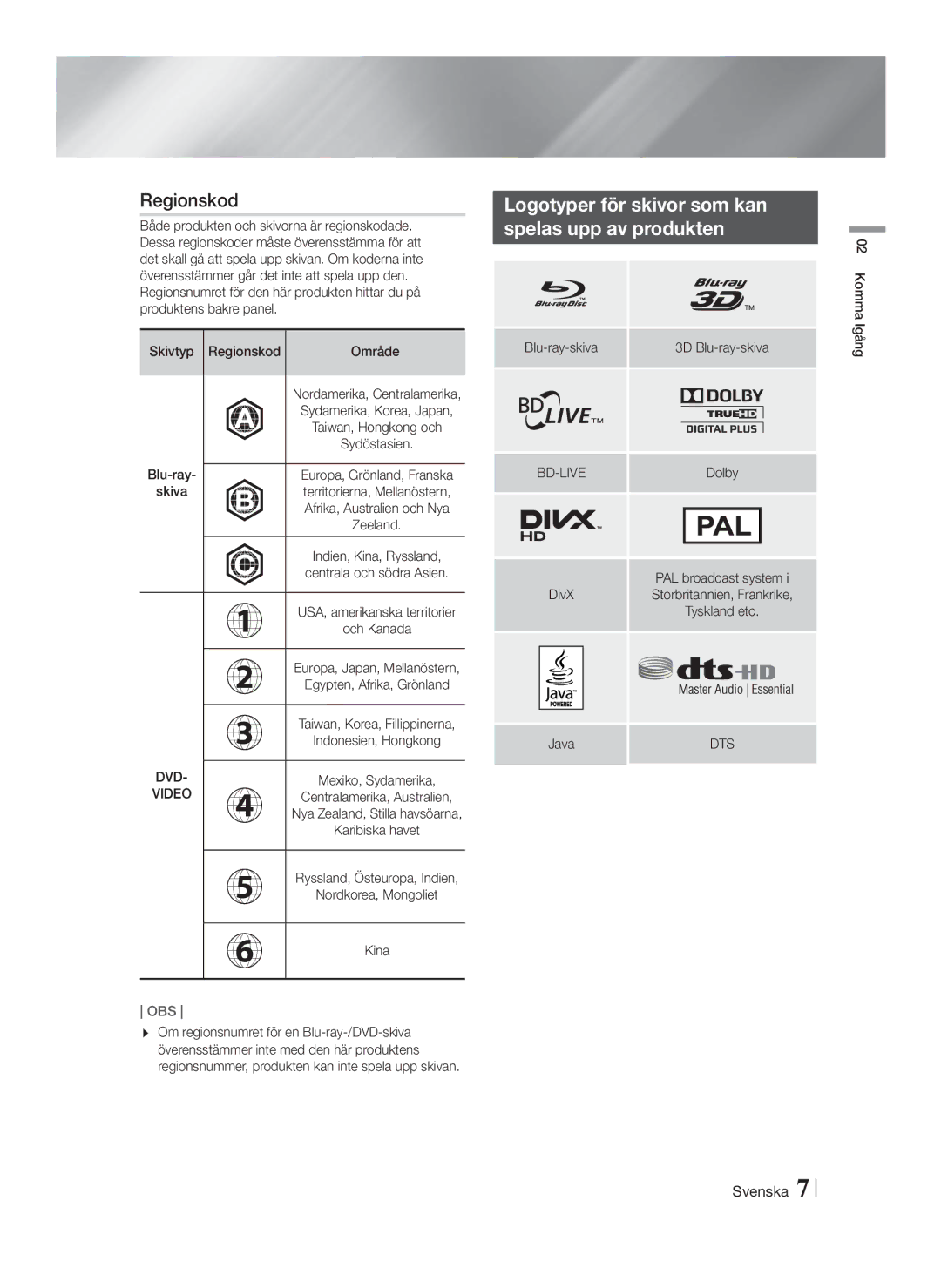 Samsung HT-FS6200/XE manual Regionskod, Logotyper för skivor som kan Spelas upp av produkten, Dvd, Dts 