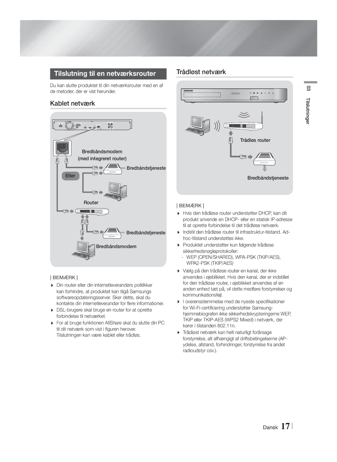 Samsung HT-FS6200/XE manual Tilslutning til en netværksrouter, Kablet netværk, Bredbåndsmodem 