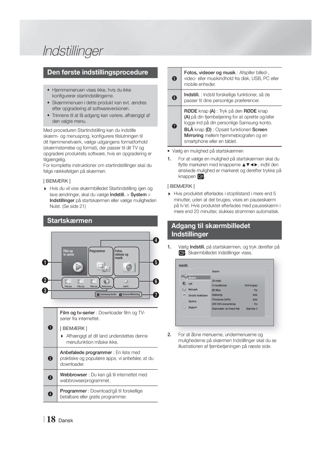 Samsung HT-FS6200/XE manual Den første indstillingsprocedure, Startskærmen, Adgang til skærmbilledet Indstillinger 