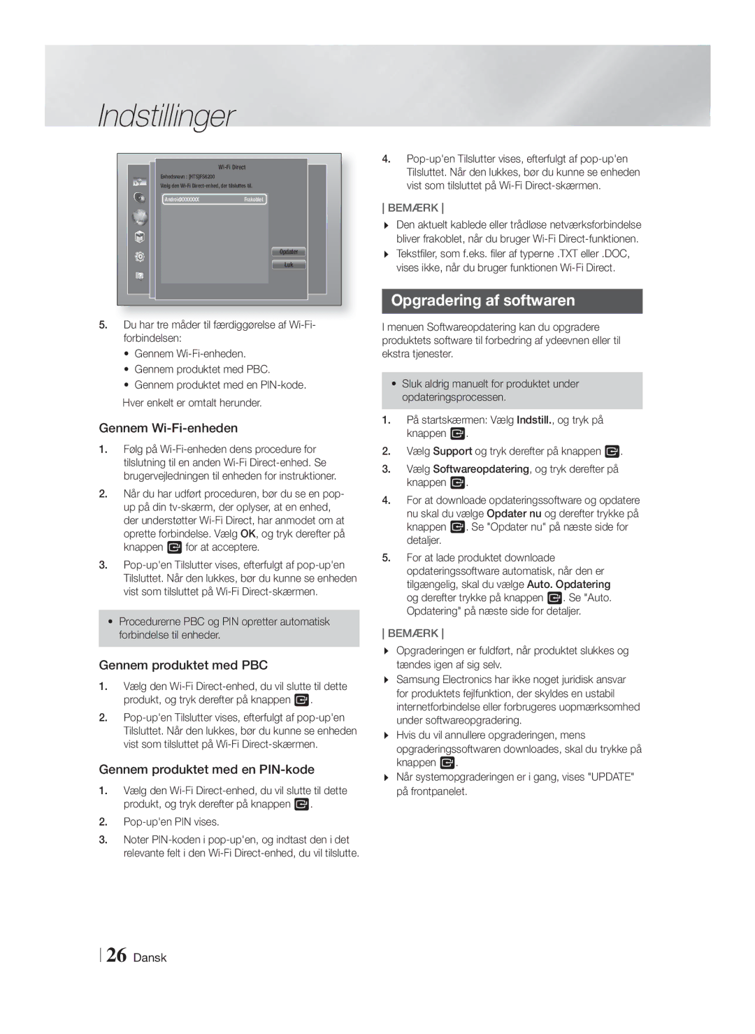 Samsung HT-FS6200/XE manual Opgradering af softwaren, Gennem Wi-Fi-enheden, Gennem produktet med PBC 