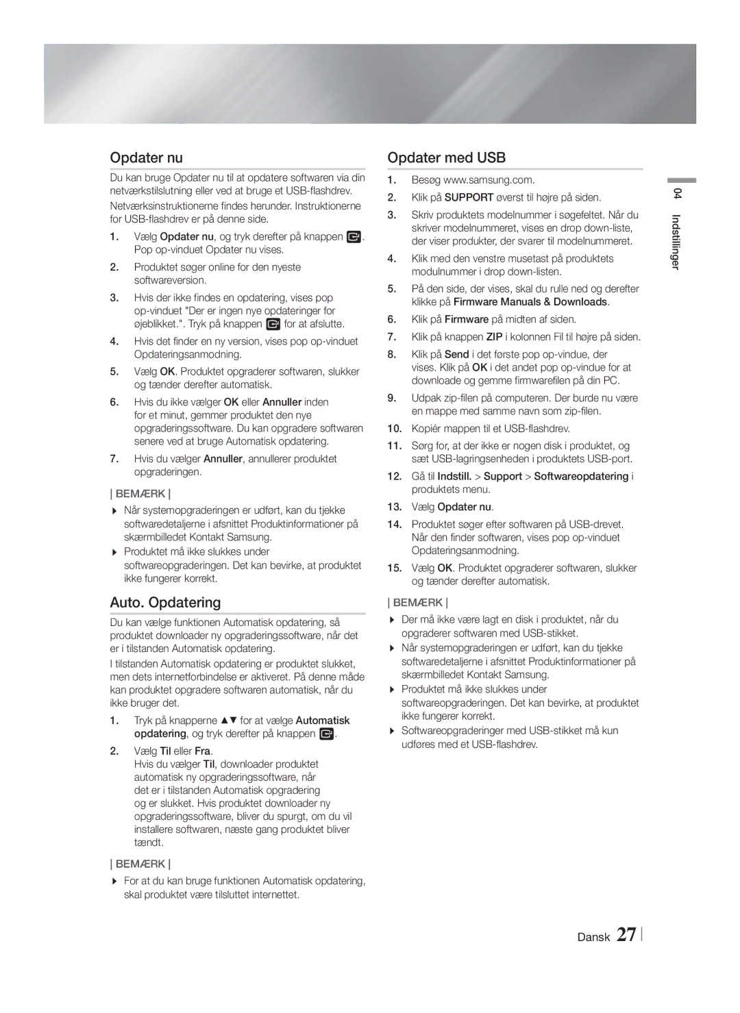 Samsung HT-FS6200/XE manual Opdater nu, Auto. Opdatering, Opdater med USB 