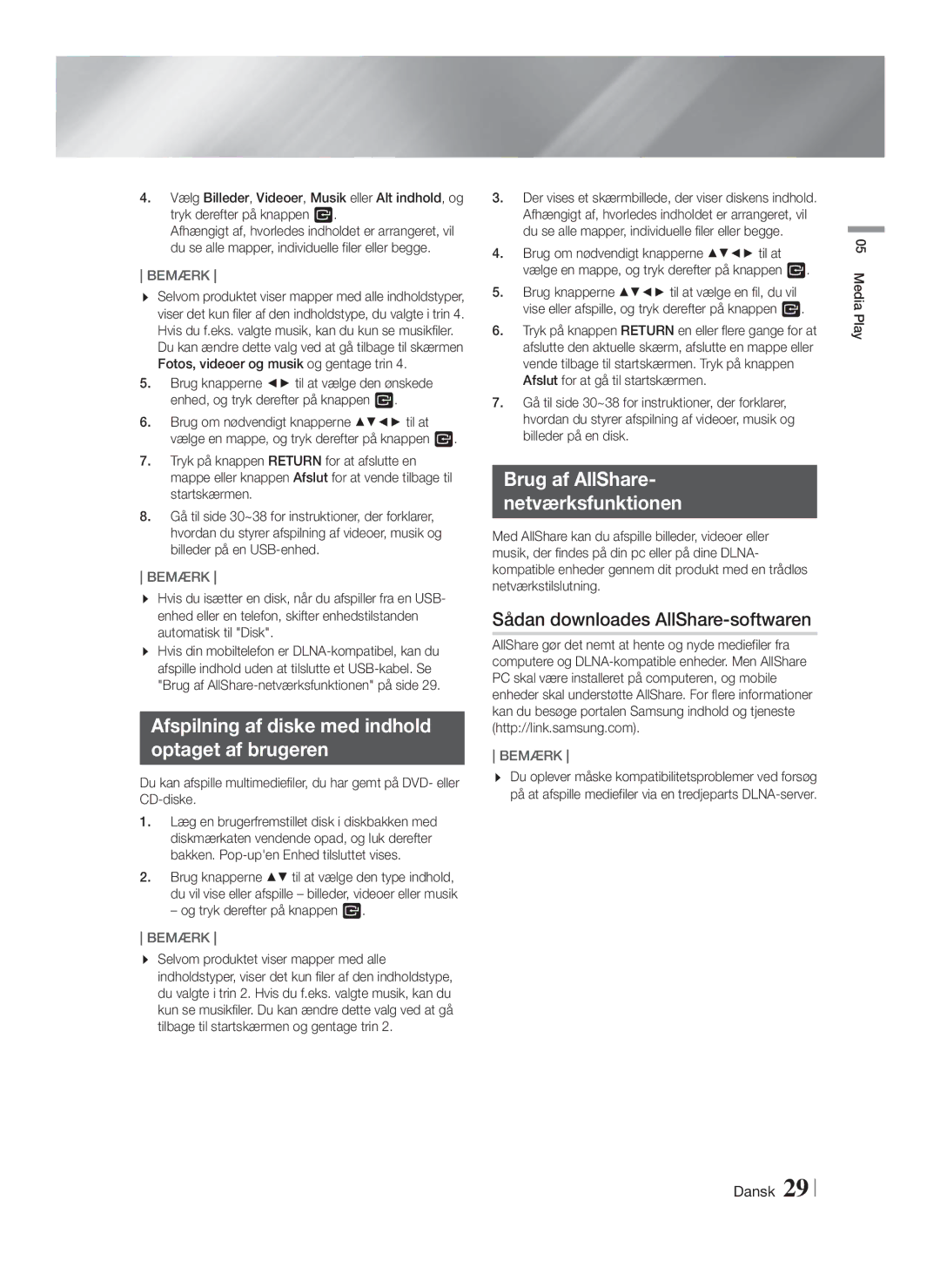 Samsung HT-FS6200/XE Afspilning af diske med indhold Optaget af brugeren, Brug af AllShare Netværksfunktionen, Media Play 
