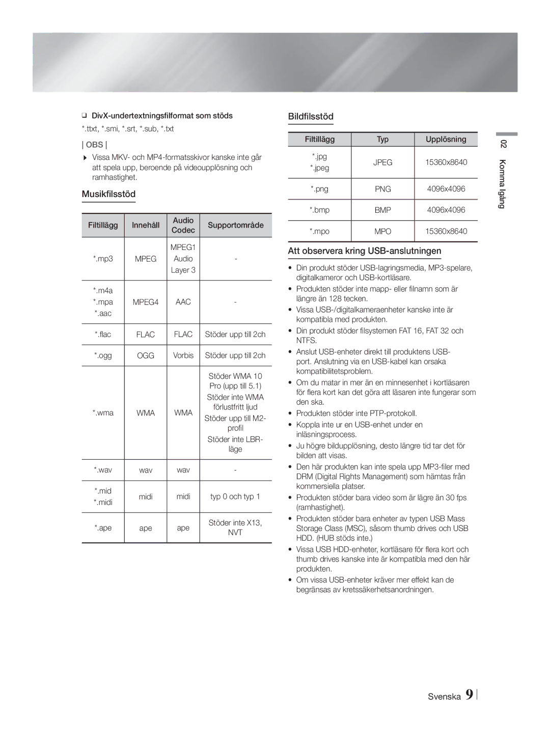 Samsung HT-FS6200/XE manual Musikfilsstöd, Bildfilsstöd, Att observera kring USB-anslutningen 