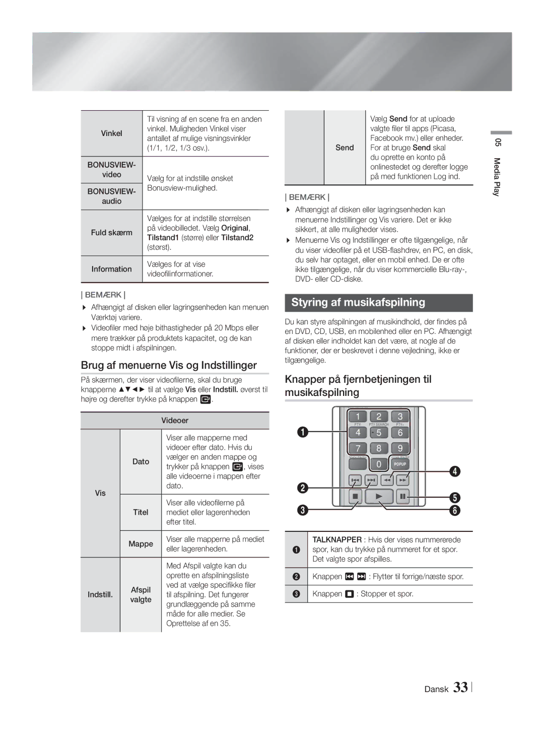 Samsung HT-FS6200/XE manual Brug af menuerne Vis og Indstillinger, Styring af musikafspilning 