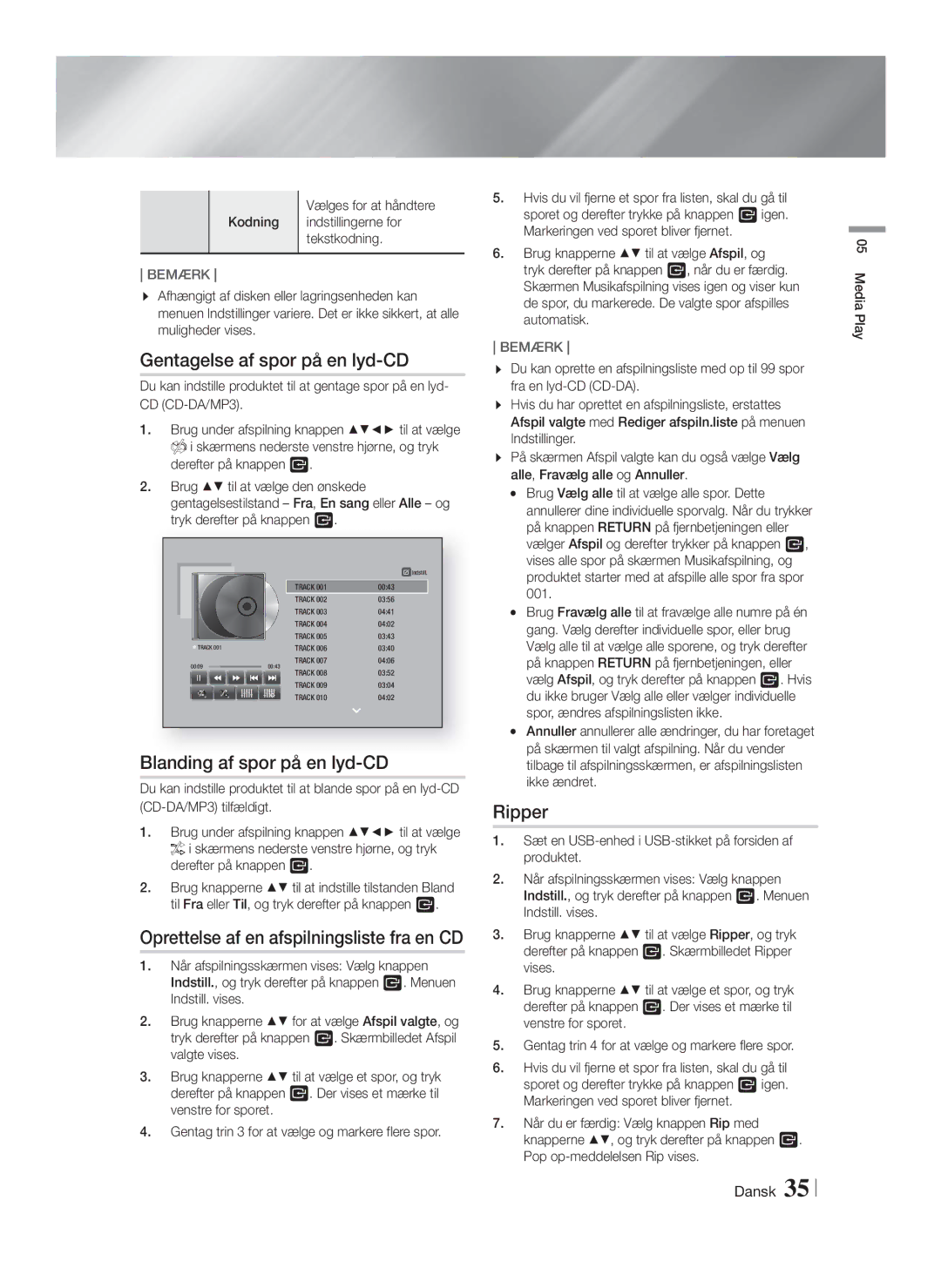 Samsung HT-FS6200/XE manual Gentagelse af spor på en lyd-CD, Blanding af spor på en lyd-CD, Ripper 