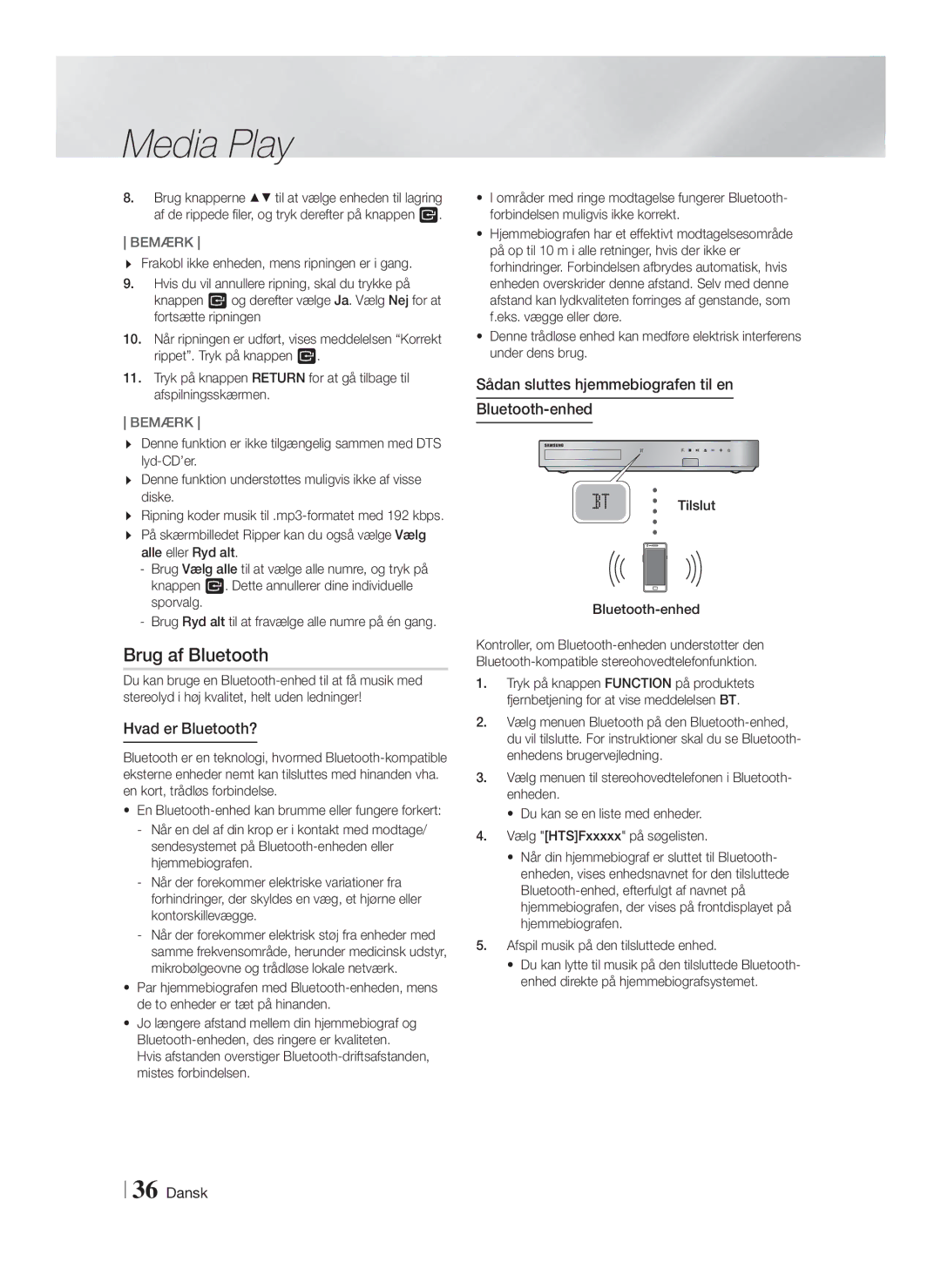 Samsung HT-FS6200/XE manual Brug af Bluetooth, Hvad er Bluetooth?, Sådan sluttes hjemmebiografen til en Bluetooth-enhed 