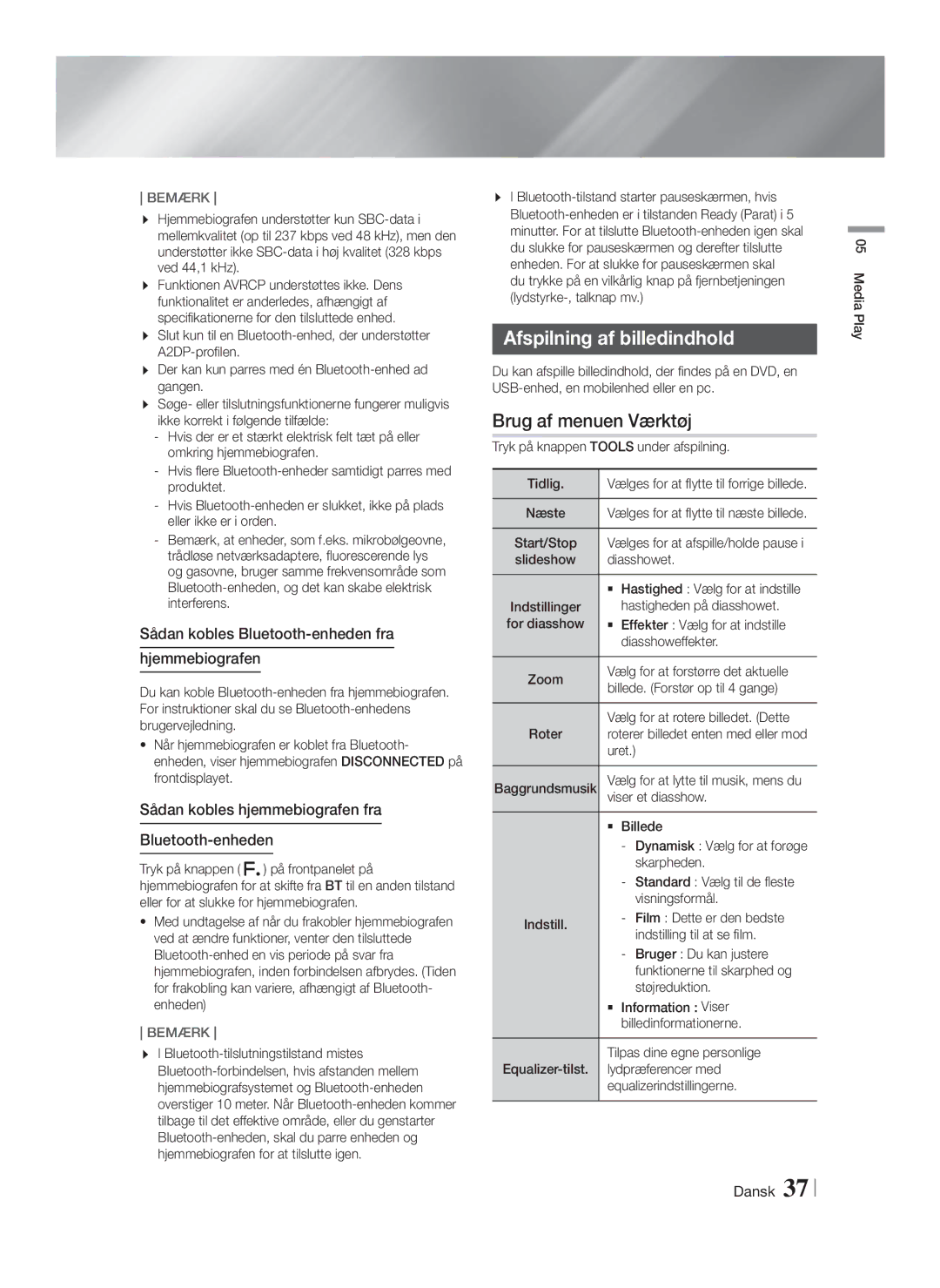 Samsung HT-FS6200/XE manual Afspilning af billedindhold, Sådan kobles Bluetooth-enheden fra Hjemmebiografen 