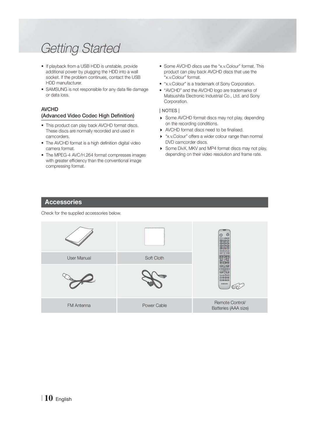 Samsung HT-FS6200/ZF manual Accessories, Advanced Video Codec High Definition, Check for the supplied accessories below 