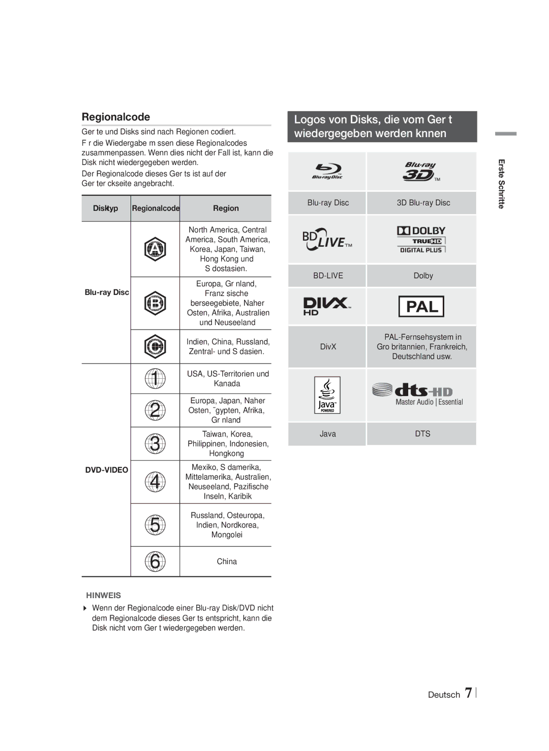 Samsung HT-FS6200/EN Wiedergegeben werden können, Geräte und Disks sind nach Regionen codiert, Geräterückseite angebracht 