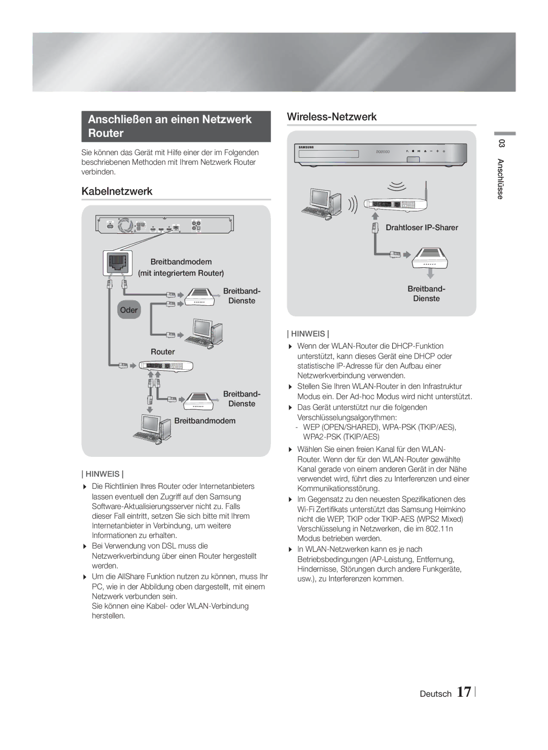 Samsung HT-FS6200/XE, HT-FS6200/XN, HT-FS6200/EN Anschließen an einen Netzwerk Router, Kabelnetzwerk, Wireless-Netzwerk 