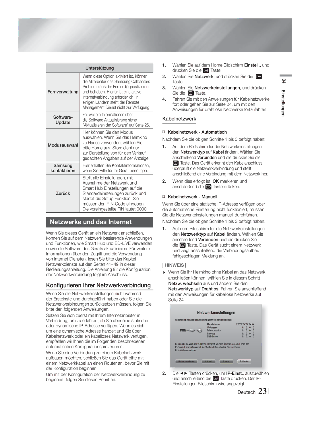 Samsung HT-FS6200/EN, HT-FS6200/XN manual Netzwerke und das Internet, Konfigurieren Ihrer Netzwerkverbindung, Kabelnetzwerk 