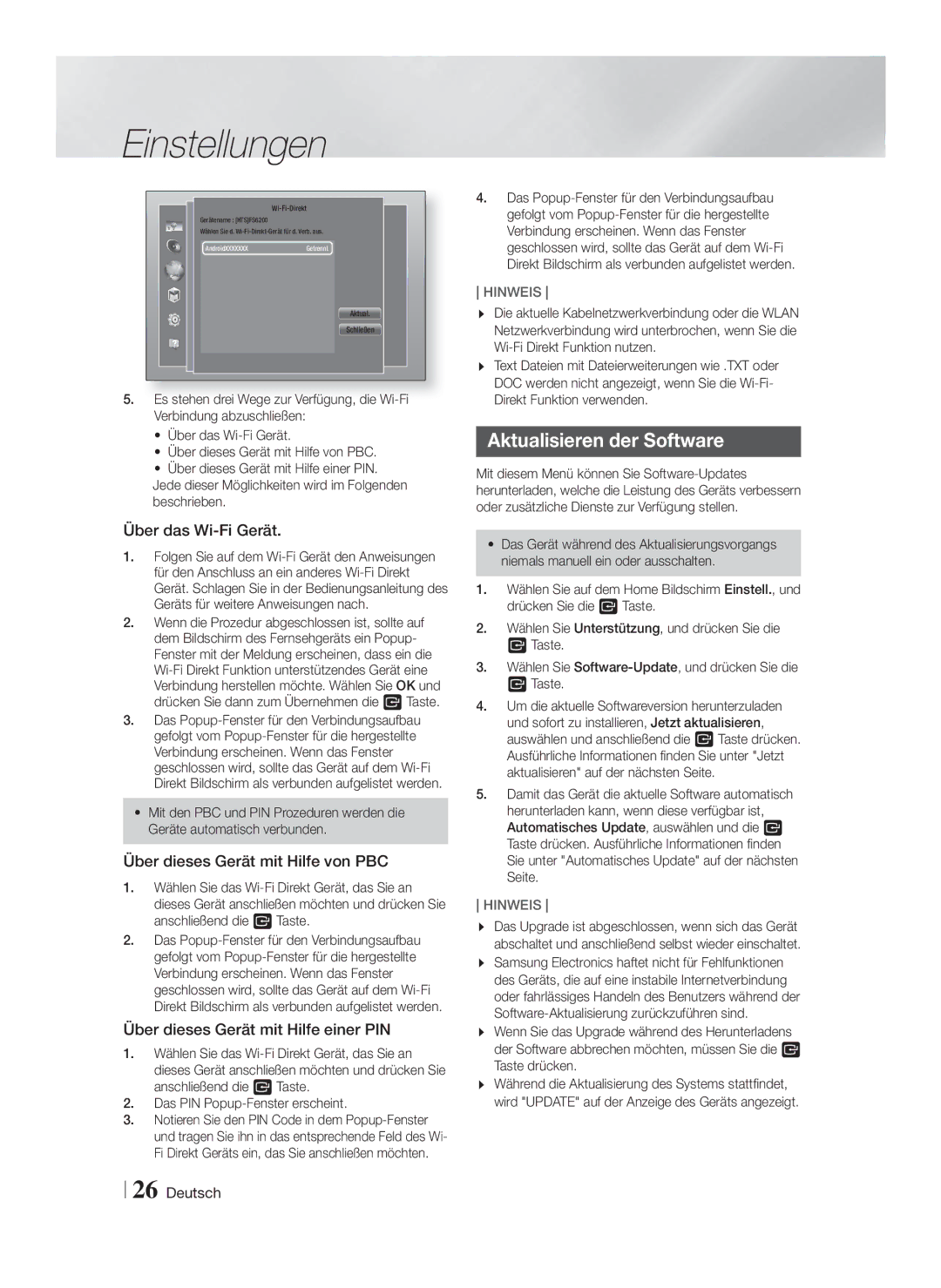 Samsung HT-FS6200/XN, HT-FS6200/EN Aktualisieren der Software, Über das Wi-Fi Gerät, Über dieses Gerät mit Hilfe von PBC 