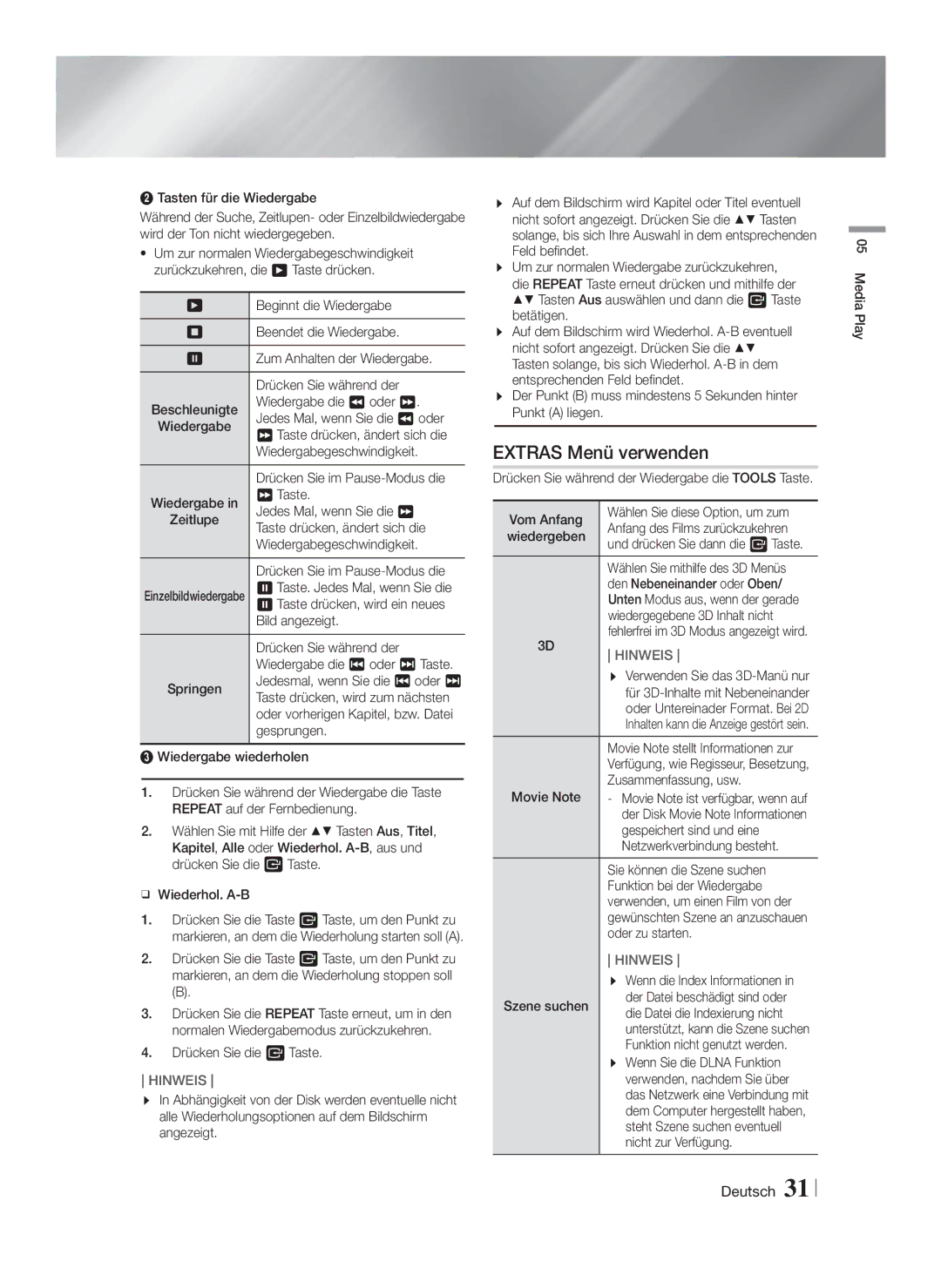 Samsung HT-FS6200/EN, HT-FS6200/XN, HT-FS6200/ZF, HT-FS6200/XE manual Extras Menü verwenden 